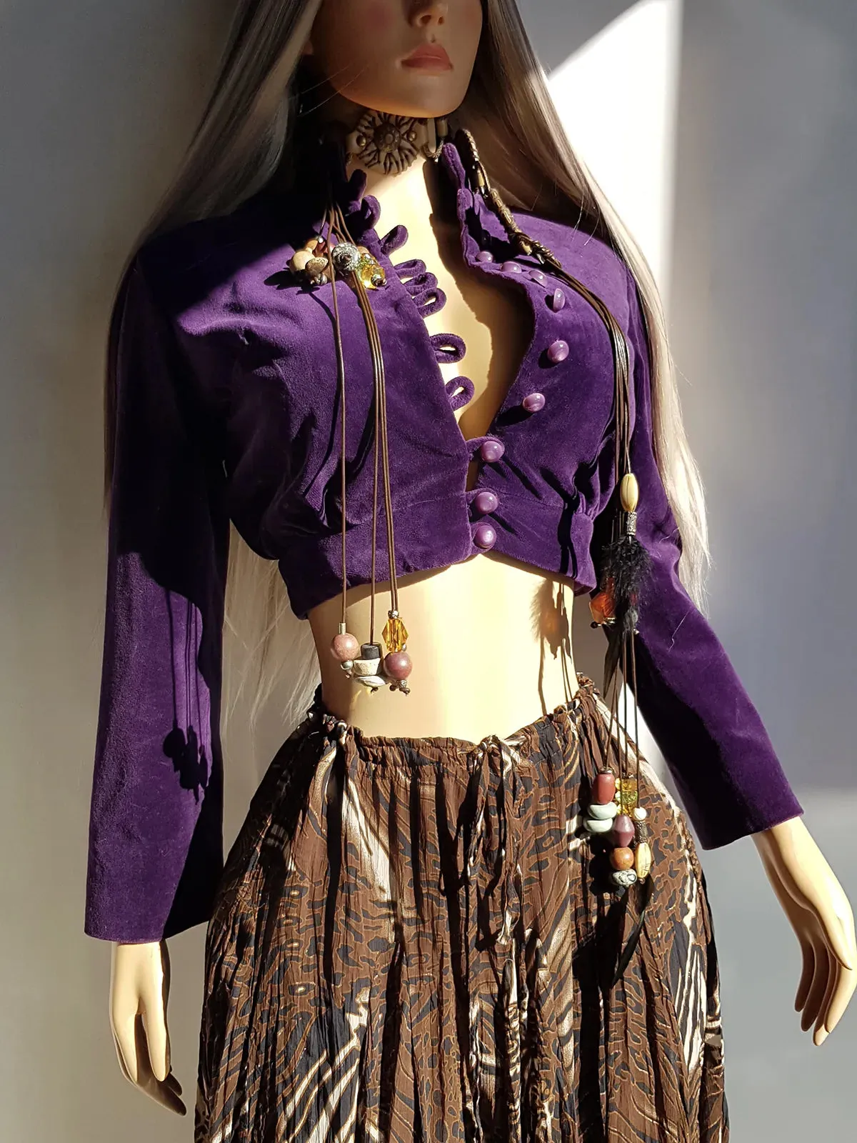 Antique 1920s Rich Purple Bohemian Rockstar Girlfriend Cropped Mini Jacket in Sumptuous Velvet- Button Front & Fully Lined