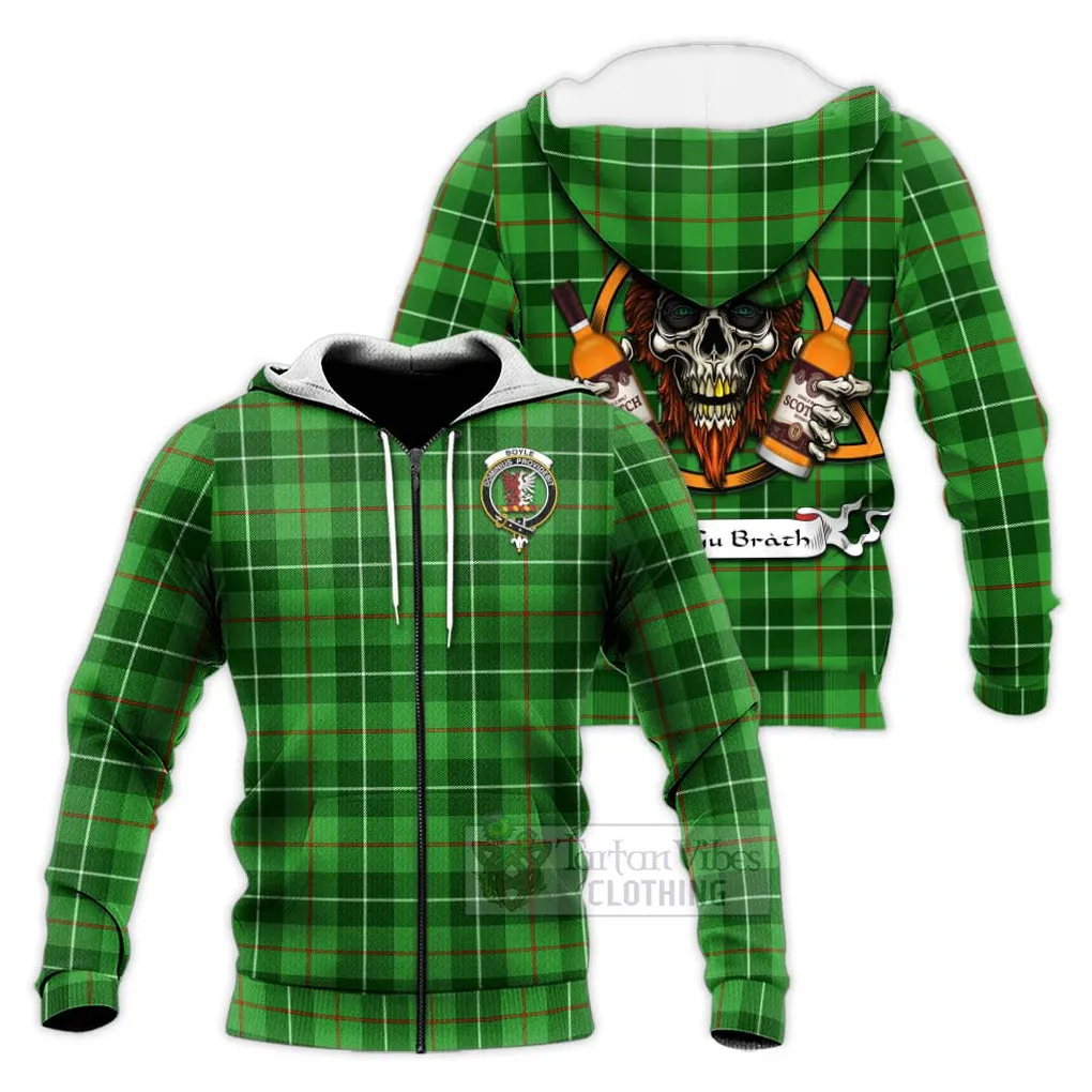 Boyle Tartan Knitted Hoodie with Family Crest and Bearded Skull Holding Bottles of Whiskey