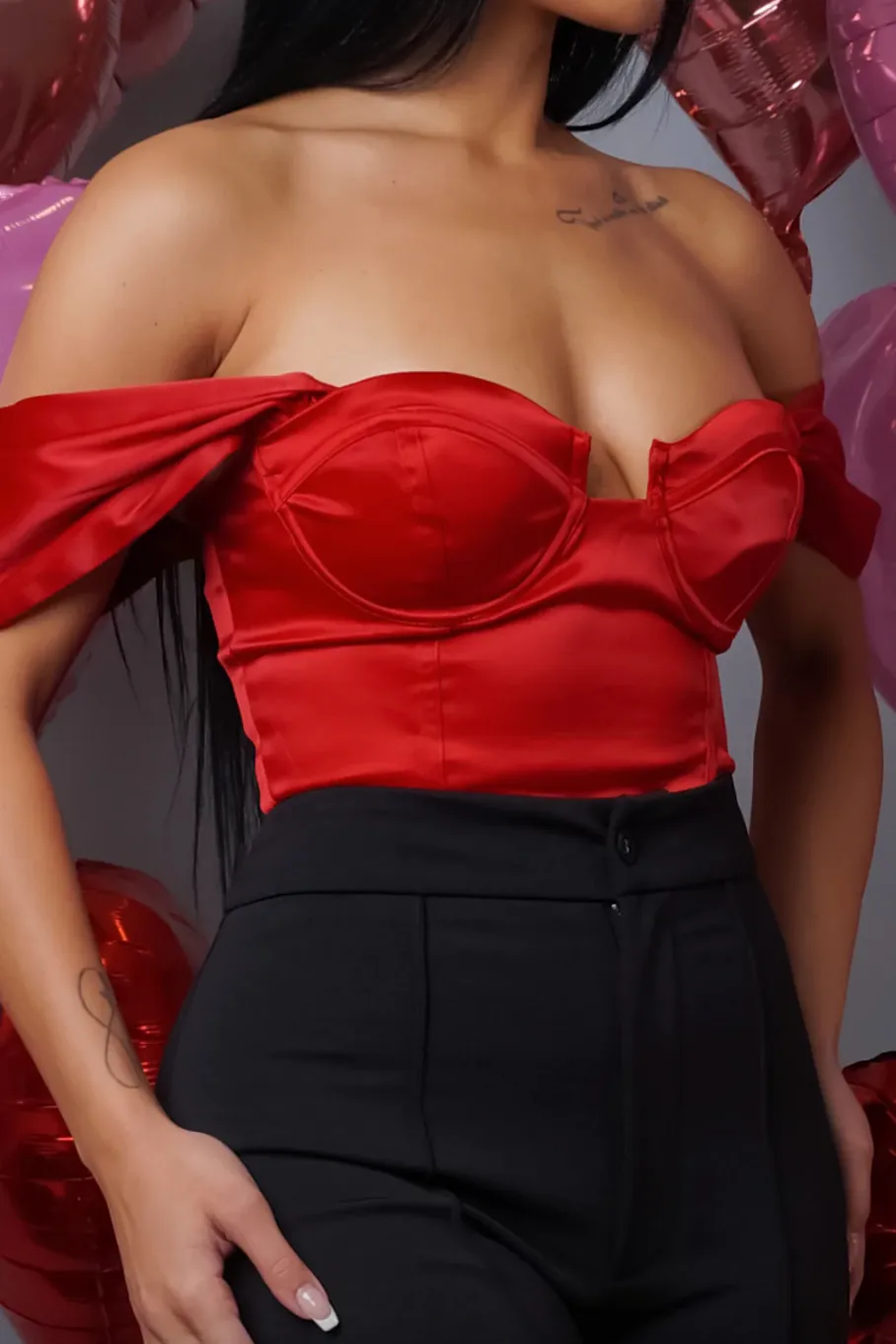 Cassandra Satin Off the Shoulder Bustier in Red