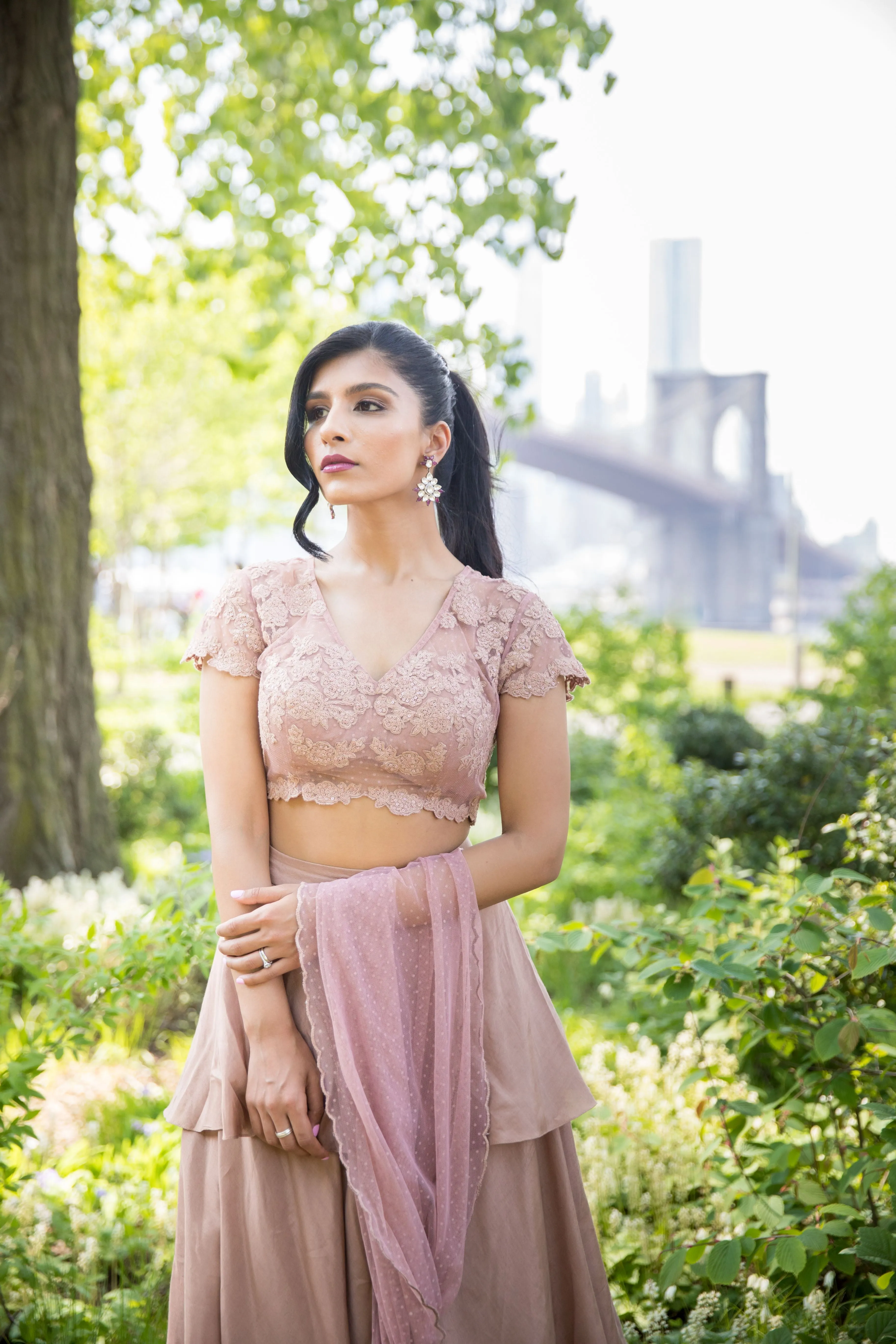 Dusty Pink Net Blouse & Layered Skirt Set