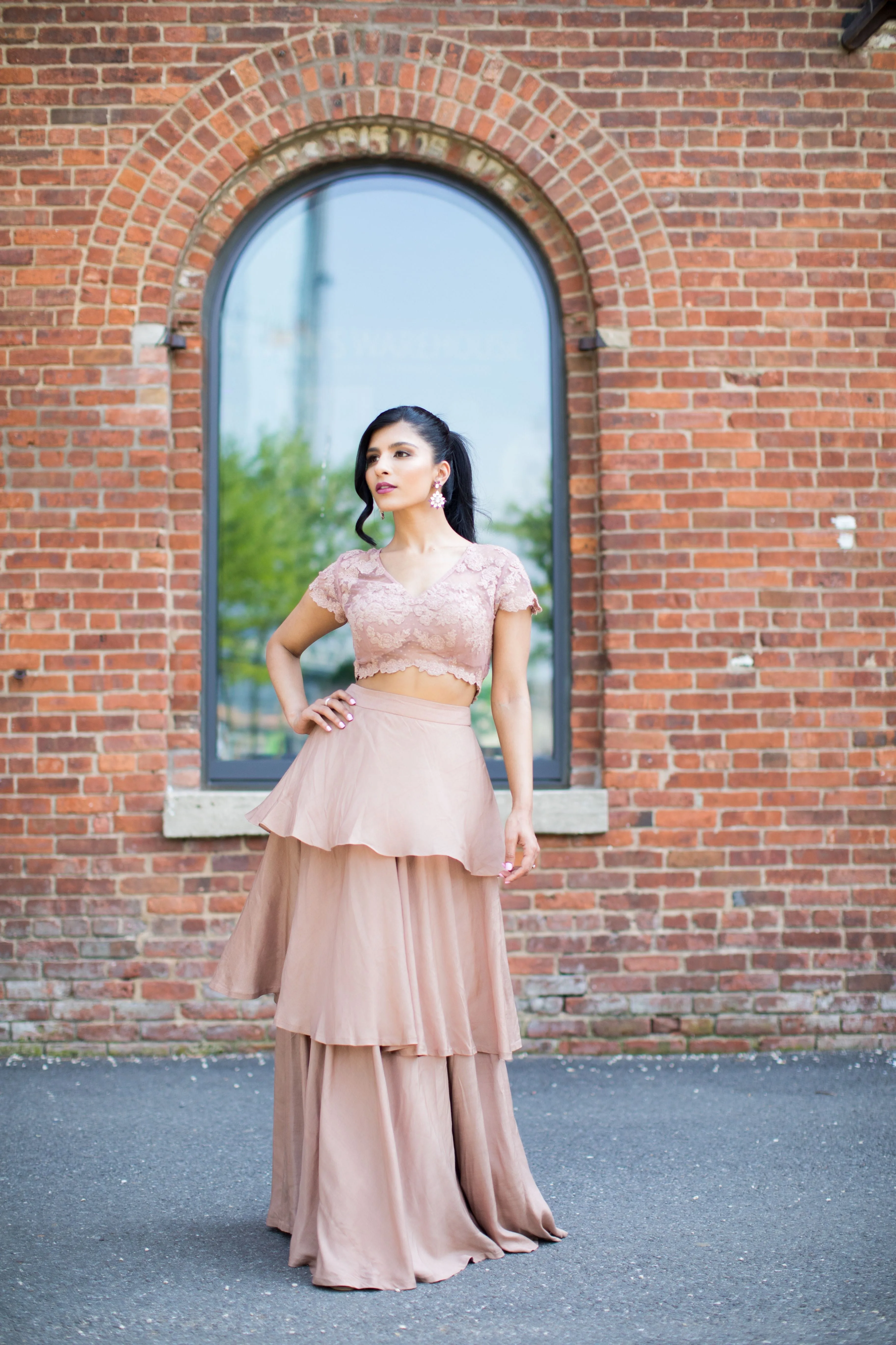 Dusty Pink Net Blouse & Layered Skirt Set