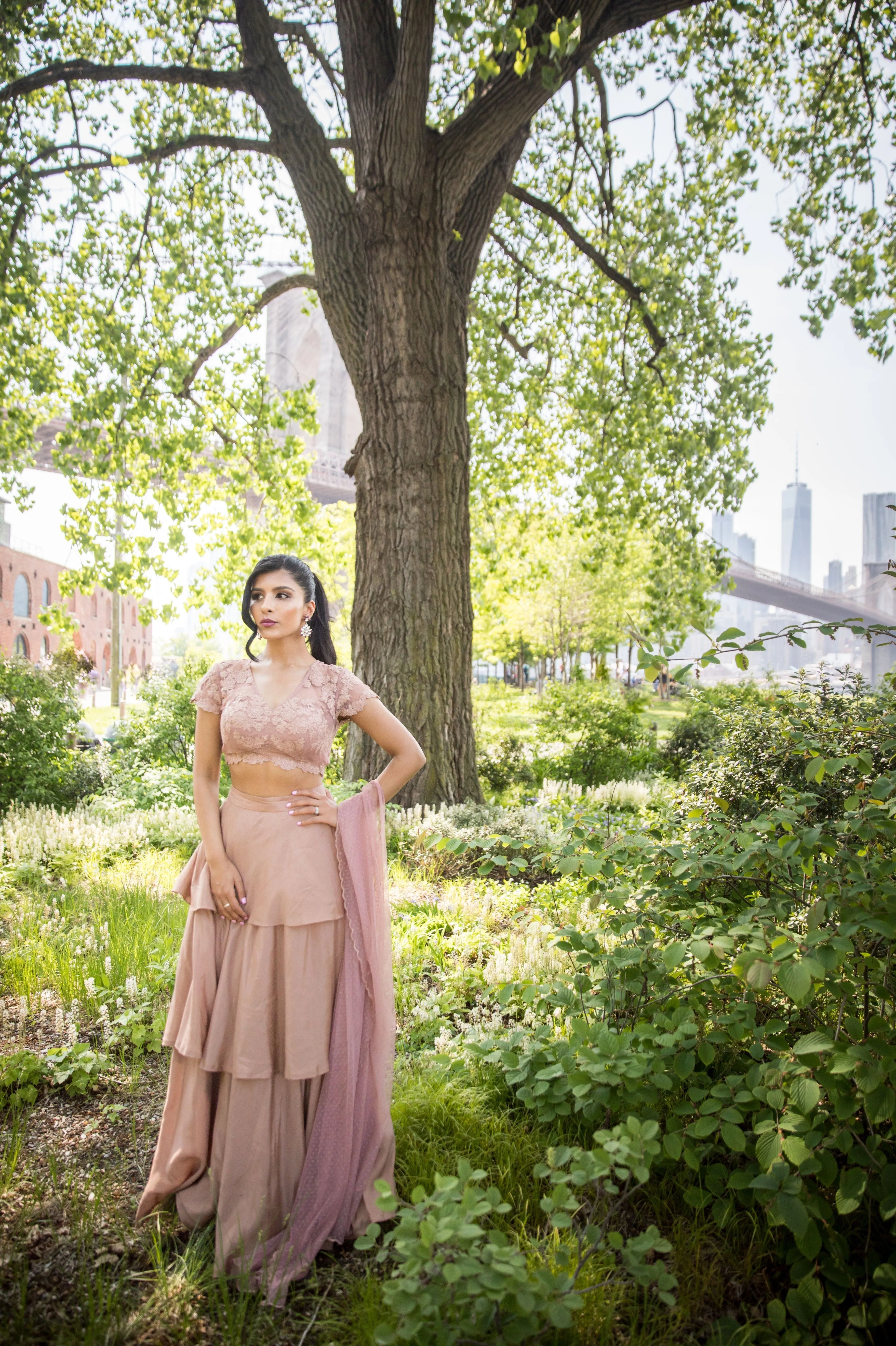 Dusty Pink Net Blouse & Layered Skirt Set