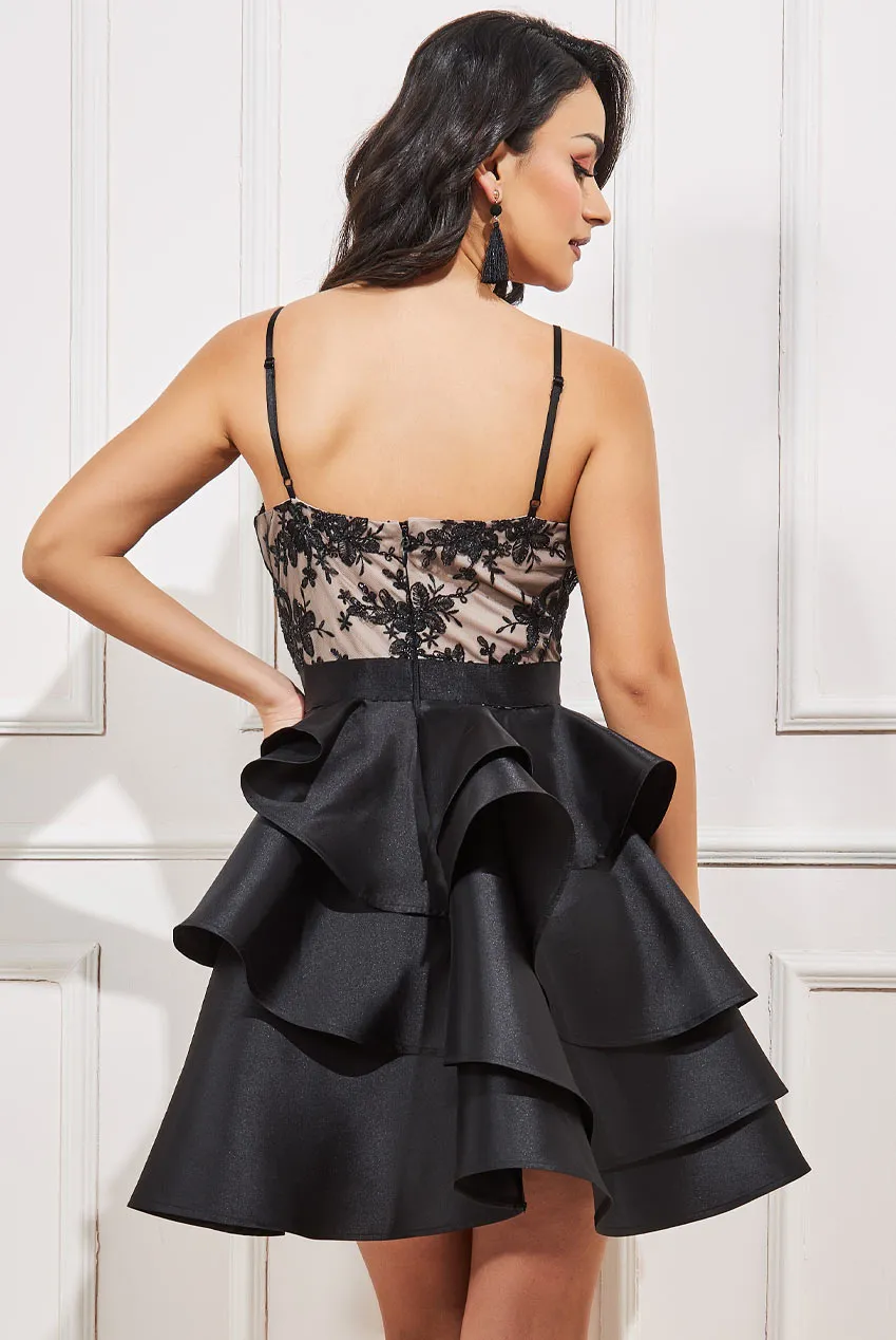 Goddiva Embroidered Scallop Lace Bodice Layered Mini Dress