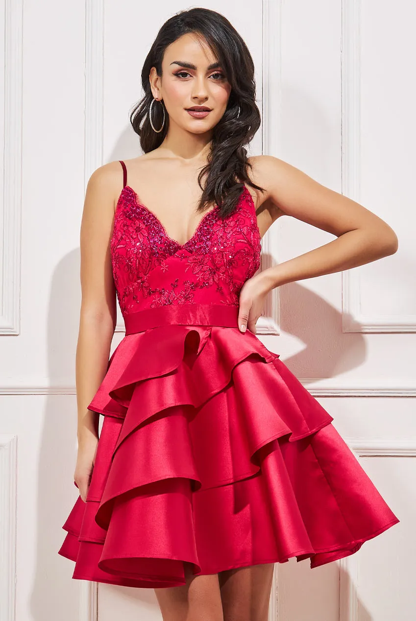 Goddiva Embroidered Scallop Lace Bodice Layered Mini Dress