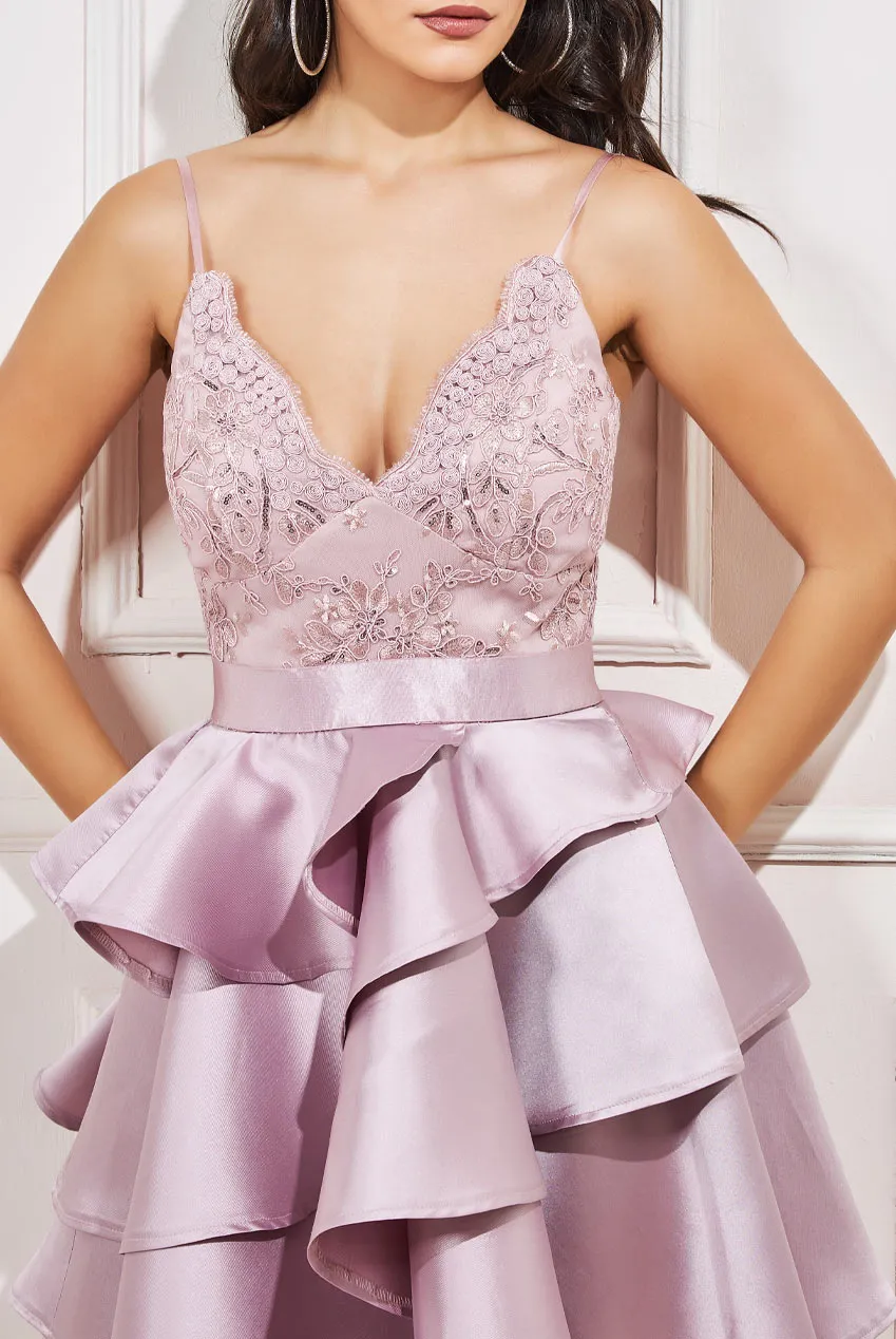 Goddiva Embroidered Scallop Lace Bodice Layered Mini Dress