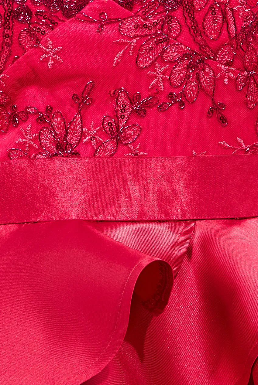 Goddiva Embroidered Scallop Lace Bodice Layered Mini Dress