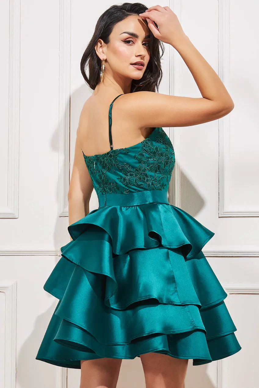 Goddiva Embroidered Scallop Lace Bodice Layered Mini Dress