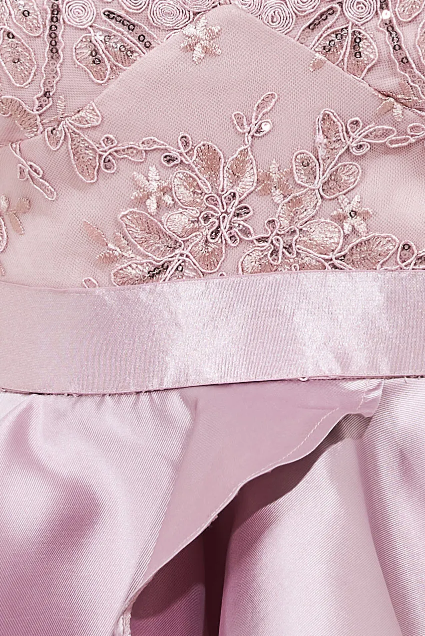 Goddiva Embroidered Scallop Lace Bodice Layered Mini Dress
