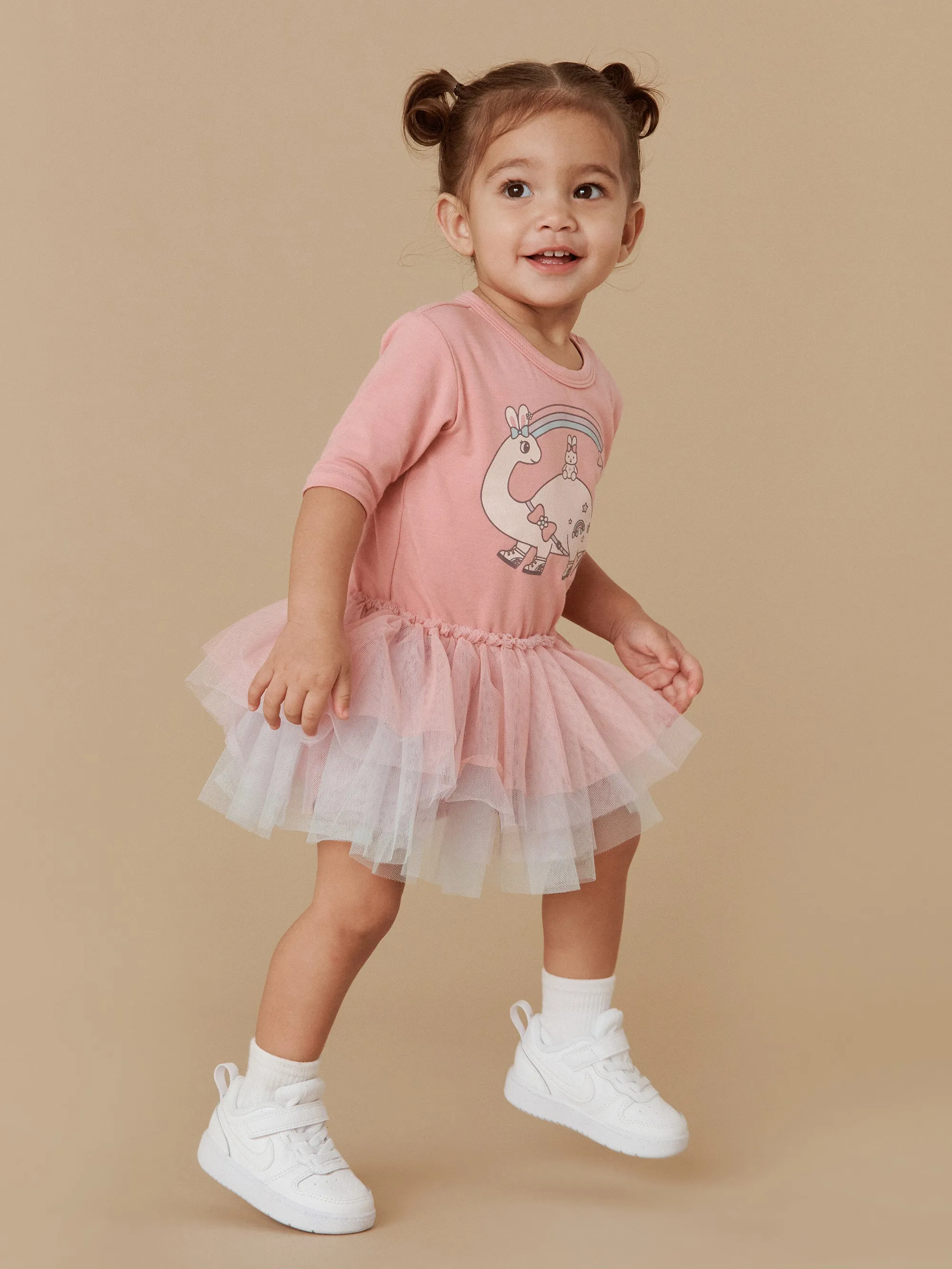 Huxbaby Dino Rainbow Layered Ballet Onesie - Dusty Rose