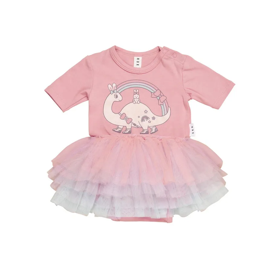 Huxbaby Dino Rainbow Layered Ballet Onesie - Dusty Rose