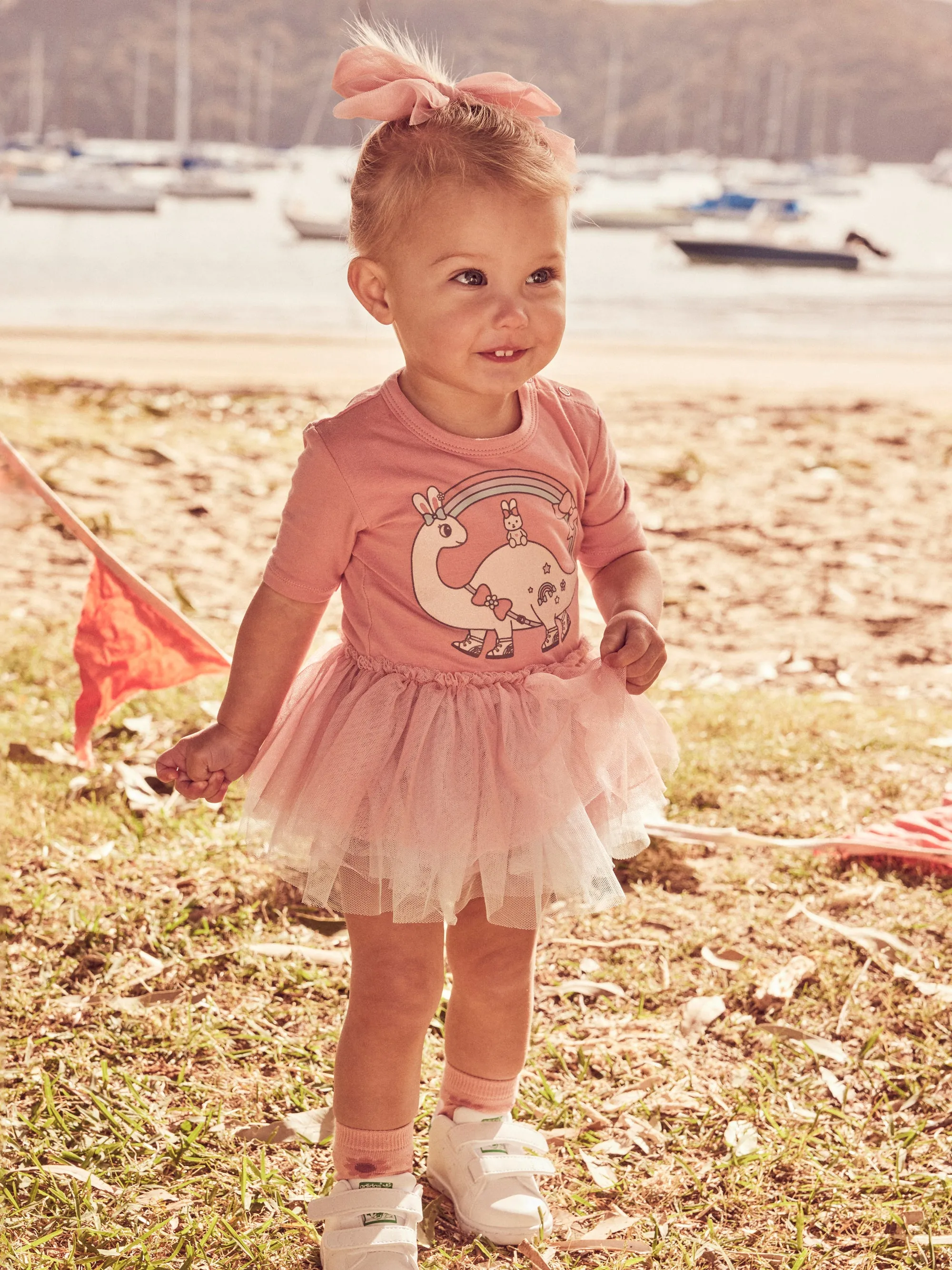 Huxbaby Dino Rainbow Layered Ballet Onesie - Dusty Rose