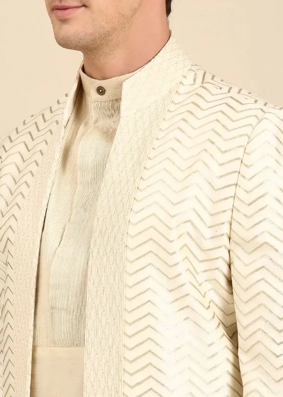 Ivory Chanderi Silk Long Open Jacket - MMK0596