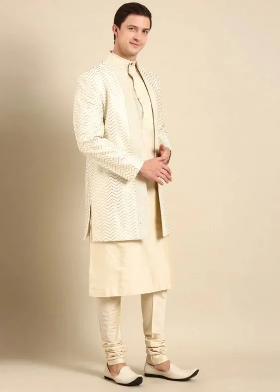Ivory Chanderi Silk Long Open Jacket - MMK0596