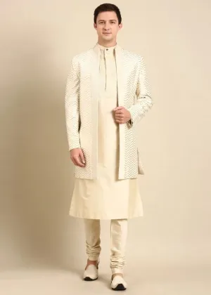 Ivory Chanderi Silk Long Open Jacket - MMK0596