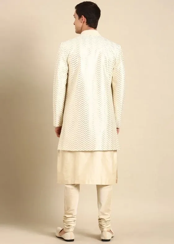 Ivory Chanderi Silk Long Open Jacket - MMK0596