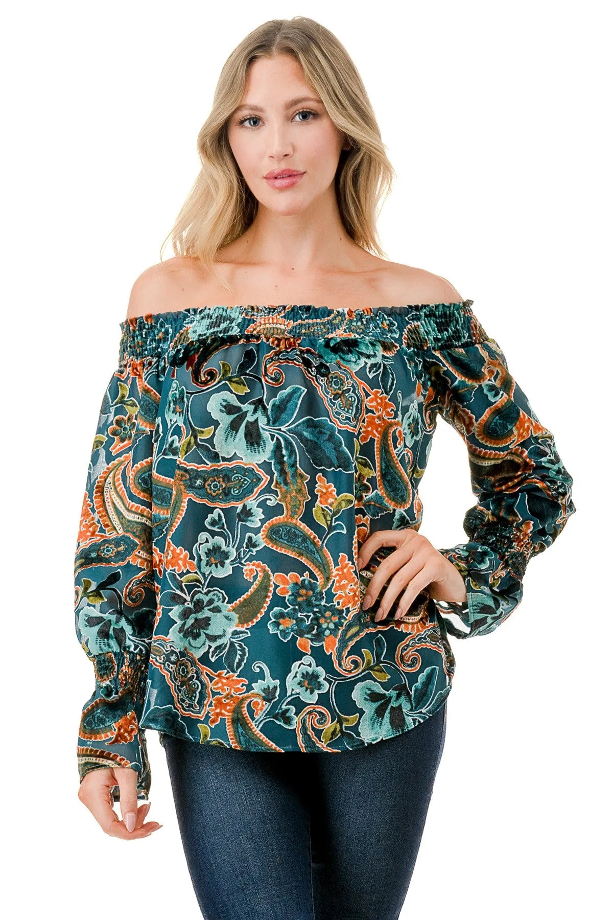 Off The Shoulder Sheer and Velvet Top