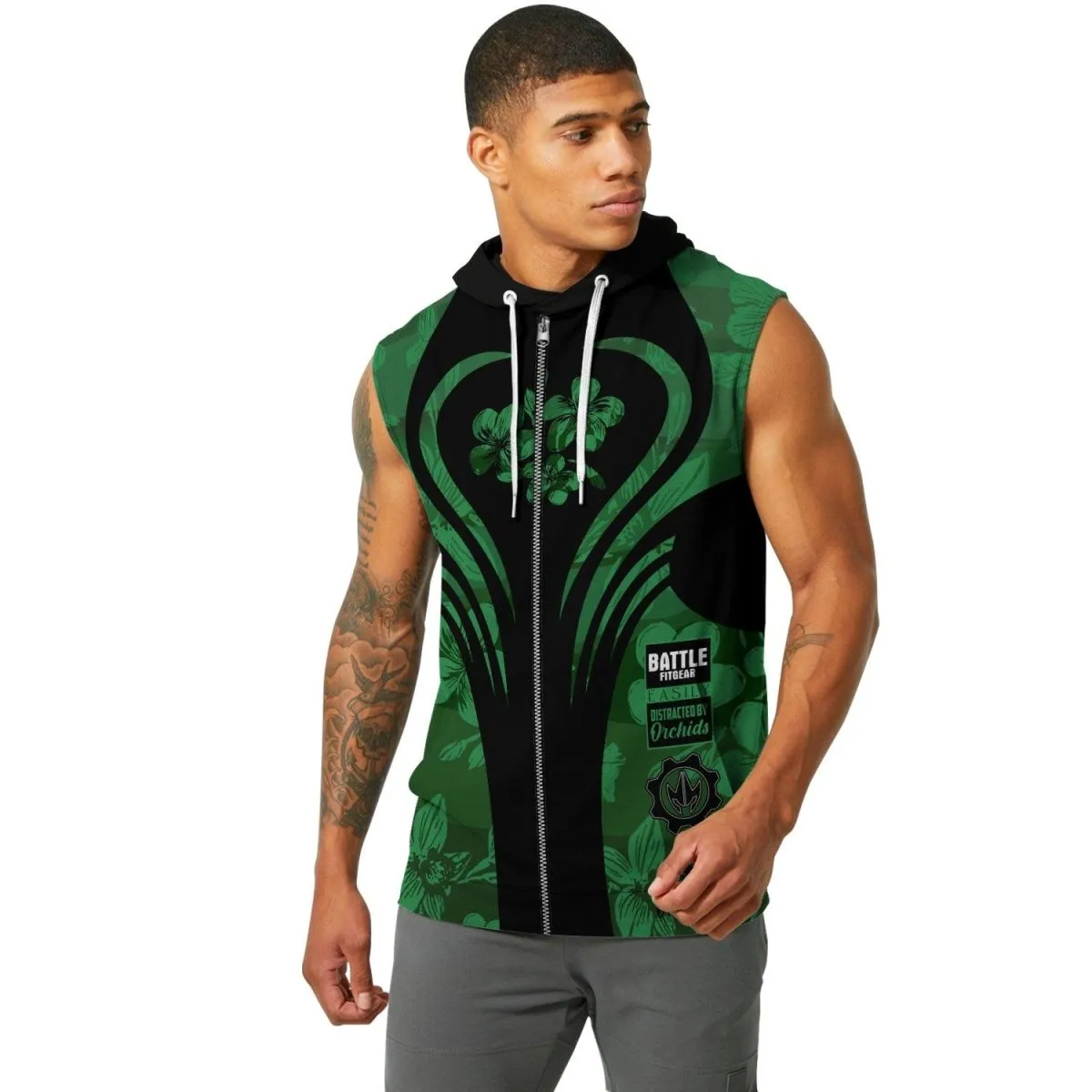 Orchid Series Floral Green Heart Pattern Sleeveless Pullover & Zip Hoodie