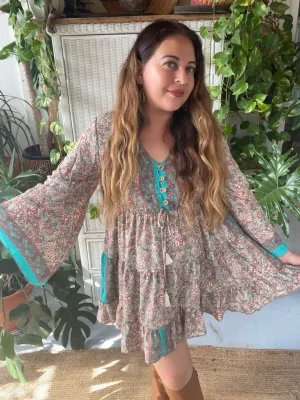 Short Silk baby doll dress with bell sleeves n buttons (Lt green)