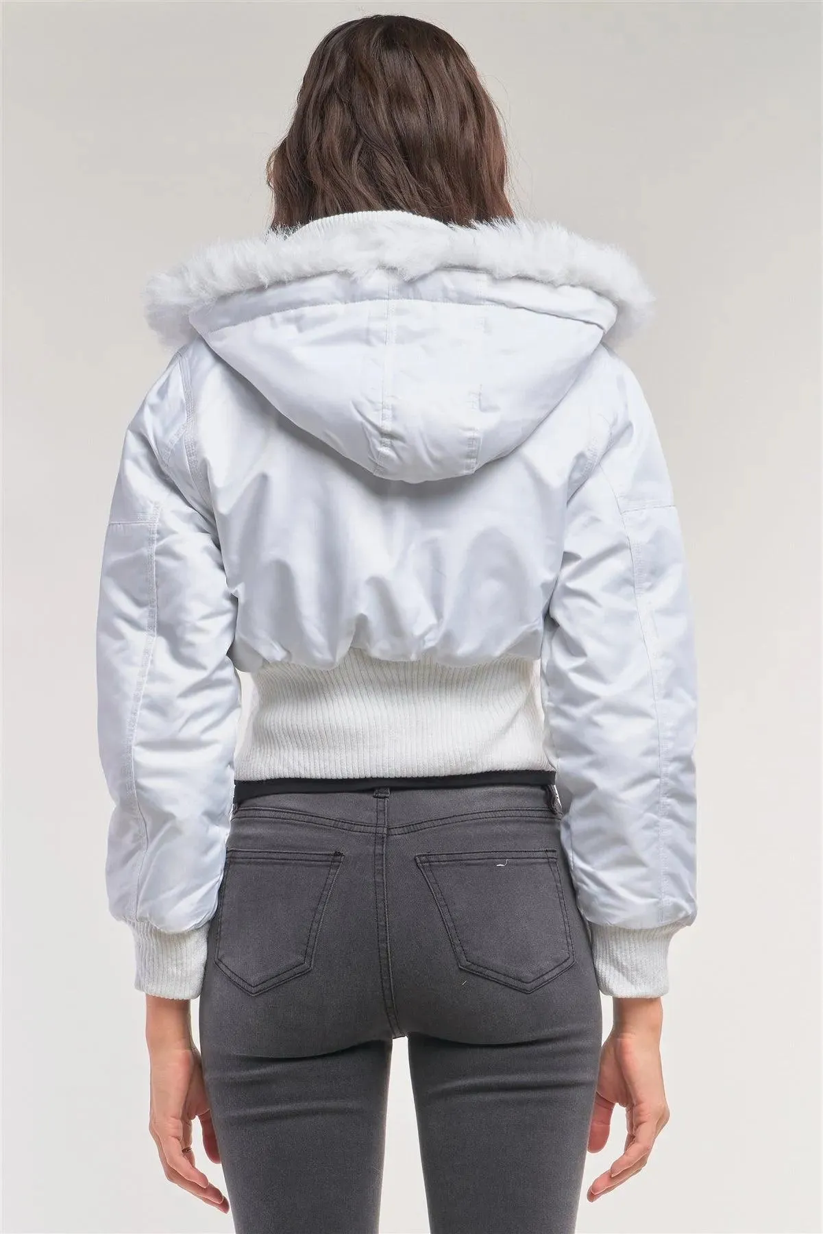 Snow White Zip-Up Faux Fur Hood Detail Cropped Winter Bomber Jacket /1-2-2-1