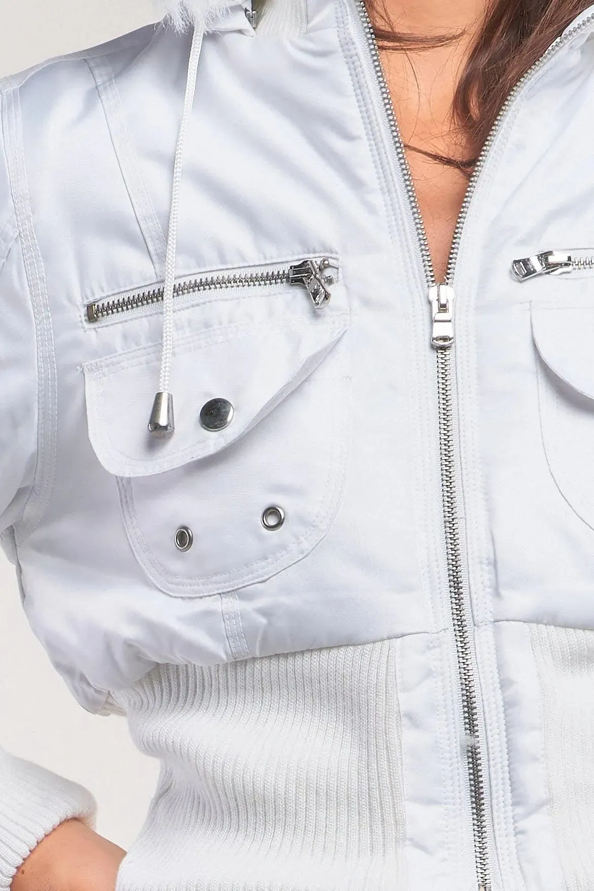 Snow White Zip-Up Faux Fur Hood Detail Cropped Winter Bomber Jacket /1-2-2-1