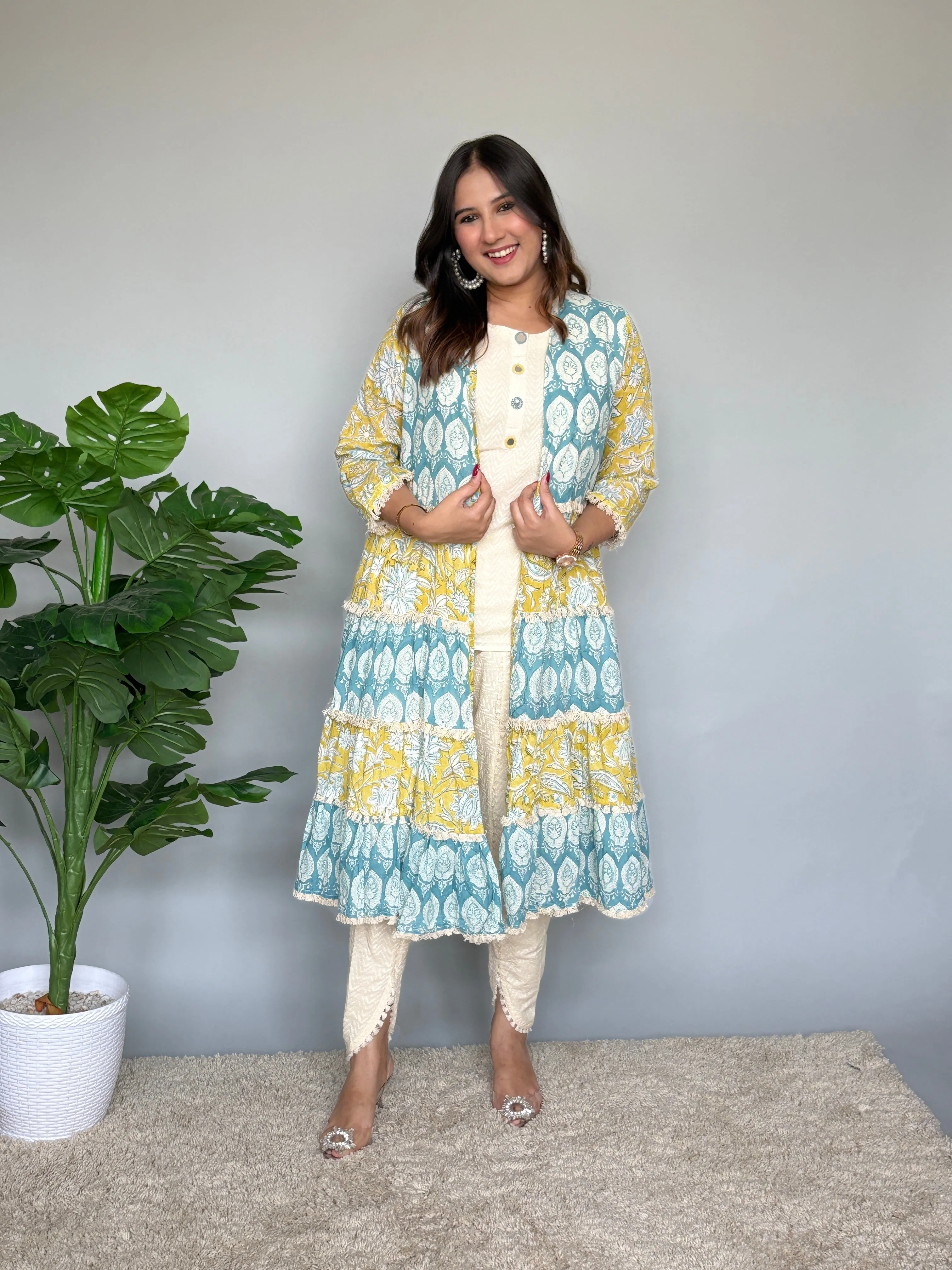 Yellow and Blue Printed Mul Mul Jacket with Inner and Tulip Pants