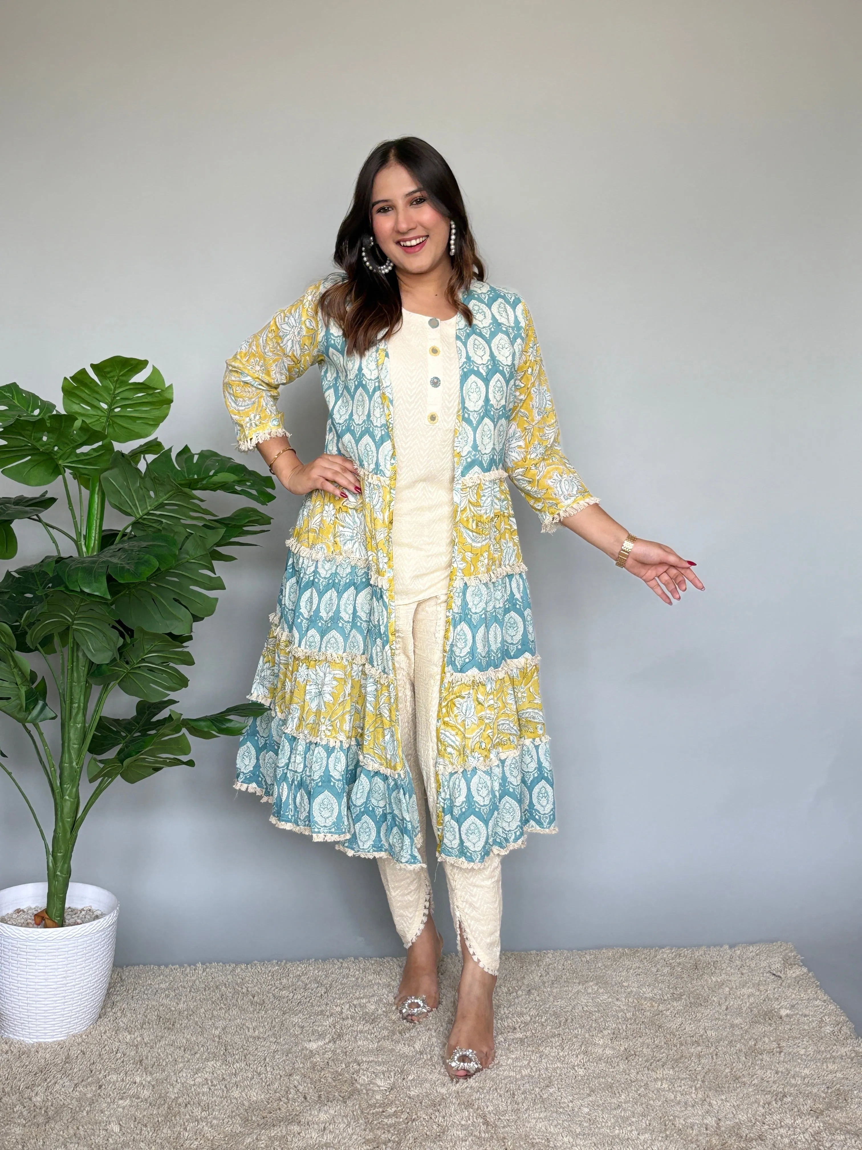 Yellow and Blue Printed Mul Mul Jacket with Inner and Tulip Pants
