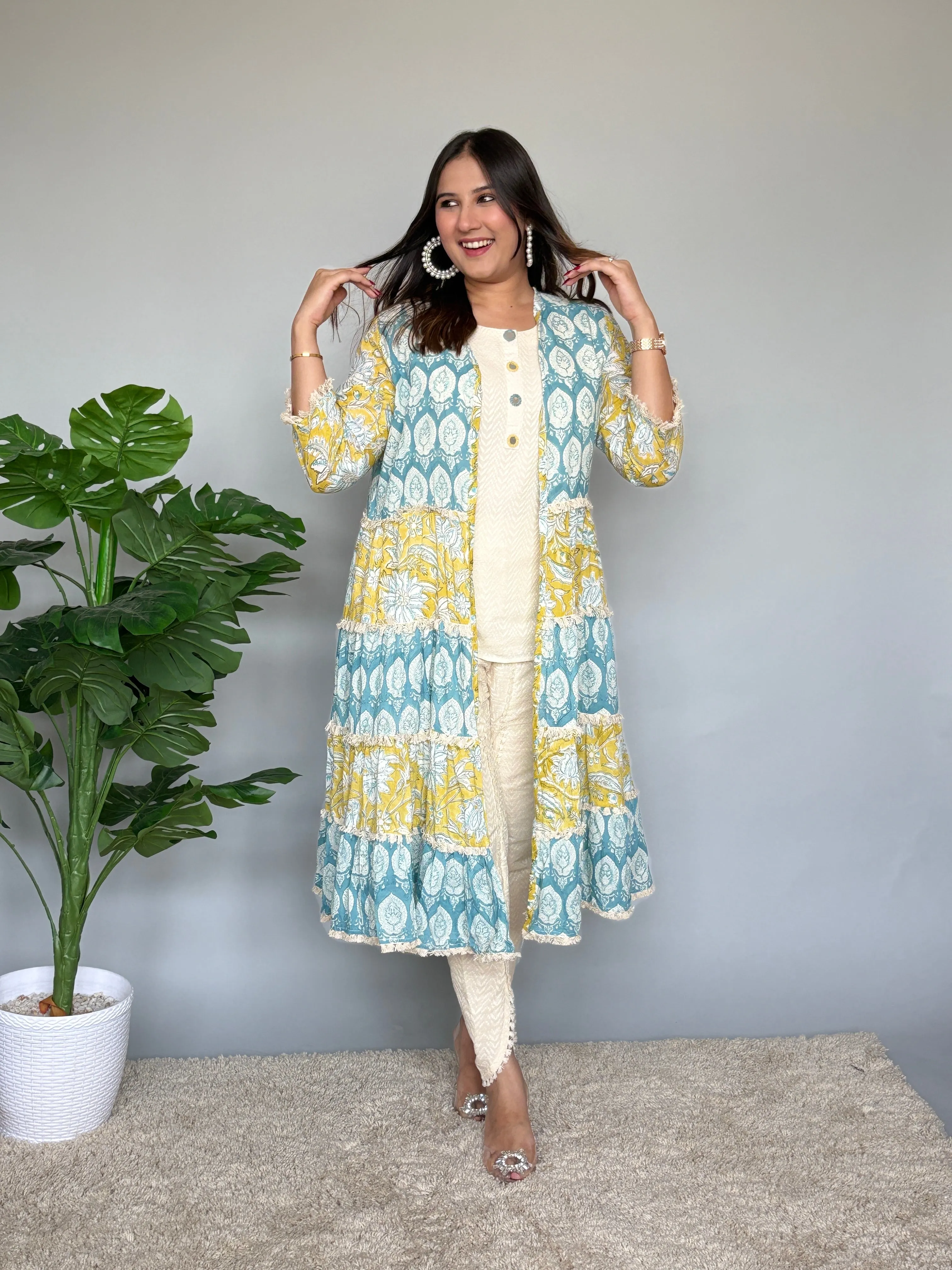 Yellow and Blue Printed Mul Mul Jacket with Inner and Tulip Pants
