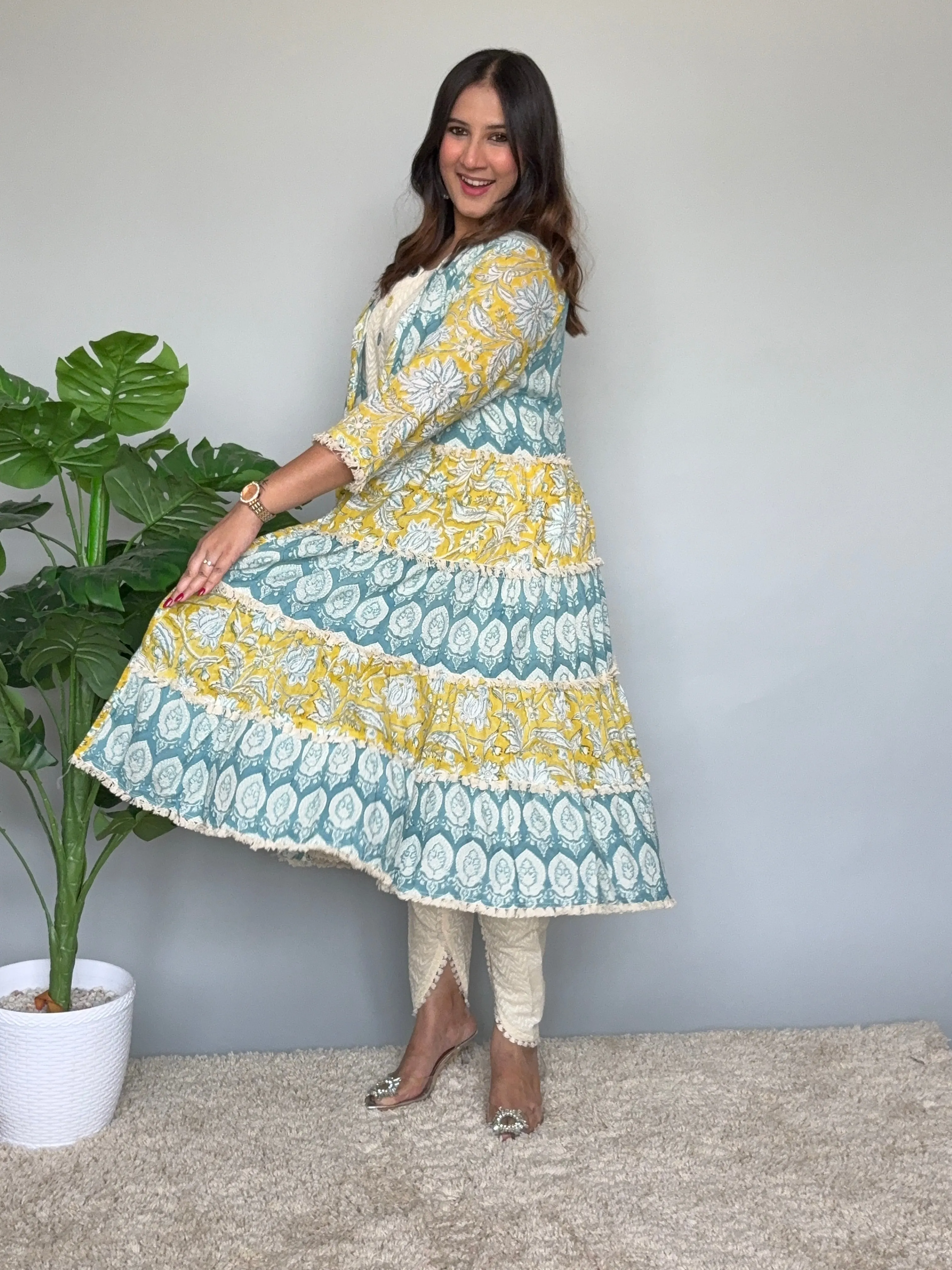 Yellow and Blue Printed Mul Mul Jacket with Inner and Tulip Pants