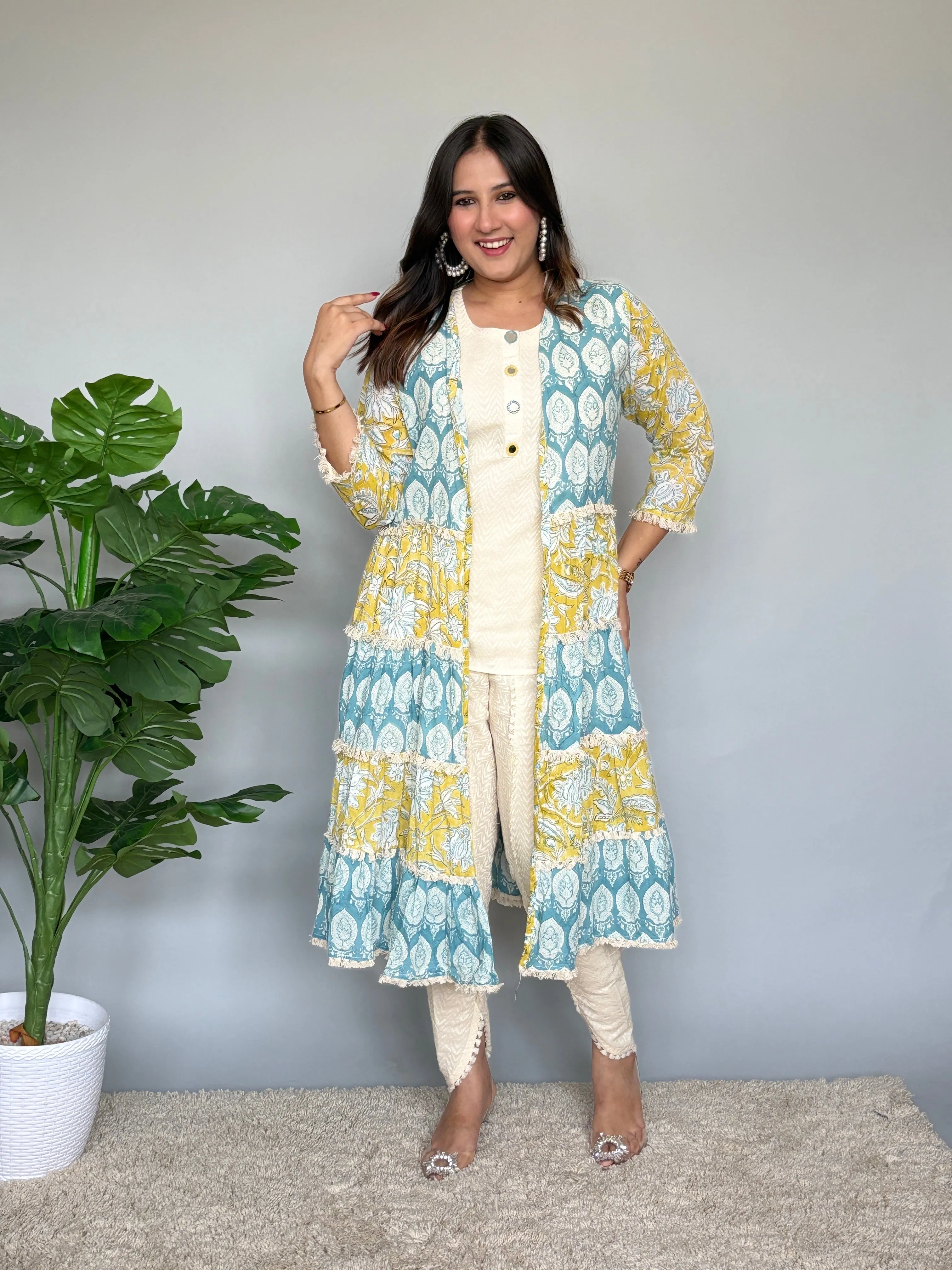Yellow and Blue Printed Mul Mul Jacket with Inner and Tulip Pants
