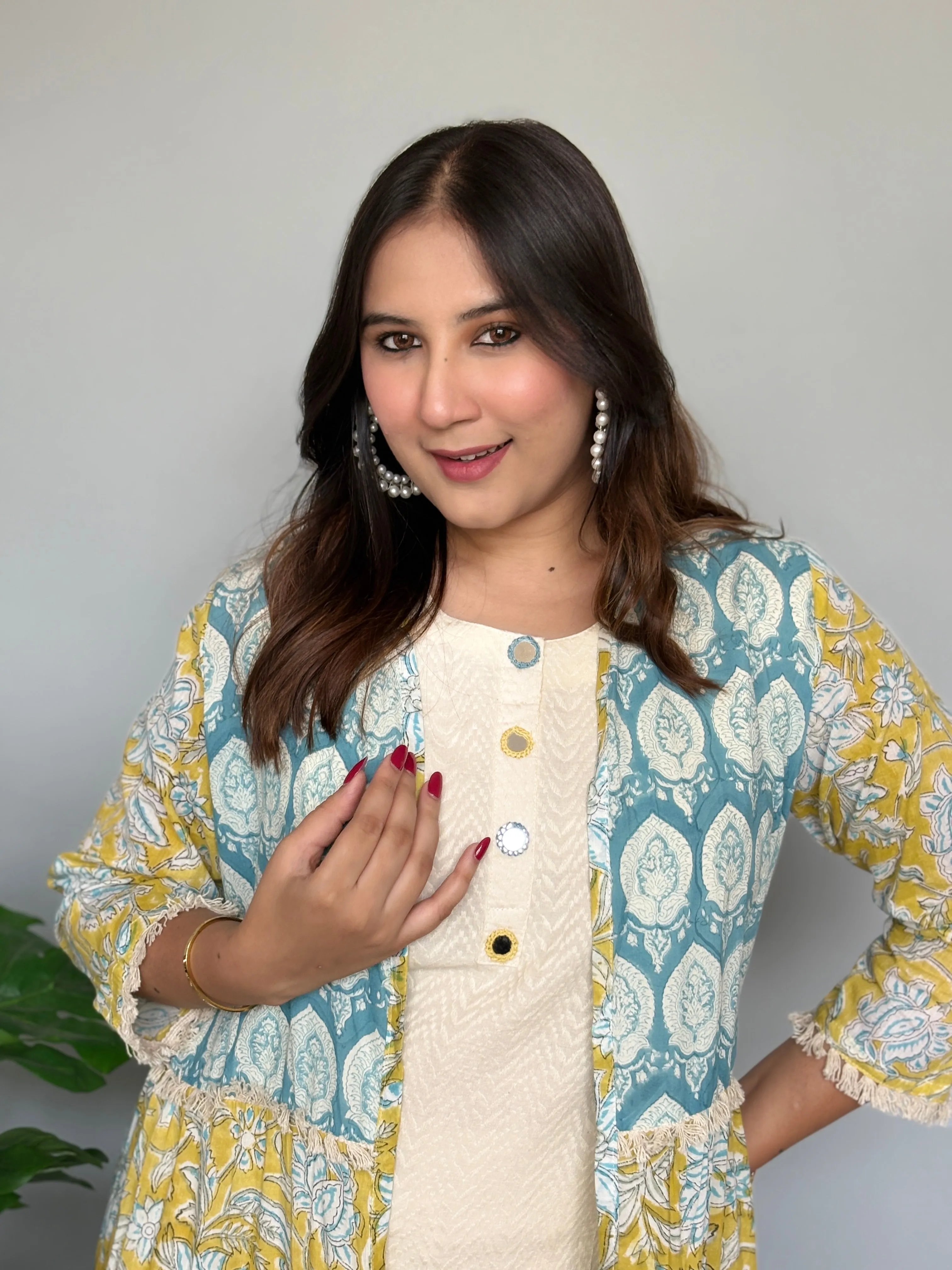 Yellow and Blue Printed Mul Mul Jacket with Inner and Tulip Pants